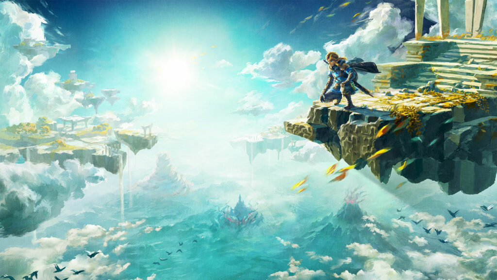 The key art for The Legend of Zelda: Tears of the Kingdom, featuring Link on a ledge looking to the left
