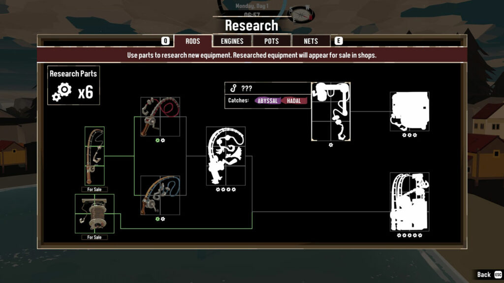 The rod research screen in Dredge