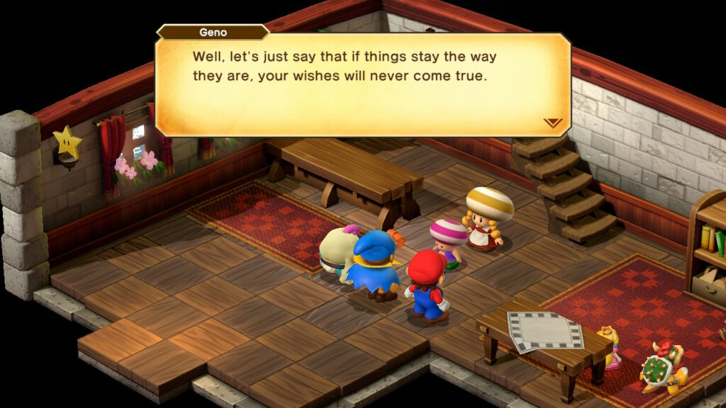 Geno talking to a young Boy in Rose Town from Super Mario RPG