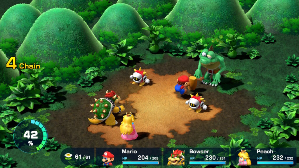 Mario attacking a foe in a battle from Super Mario RPG