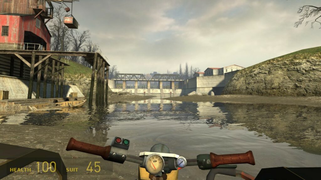Gordon riding around on a motorboat in an earlier stage of Half-Life 2