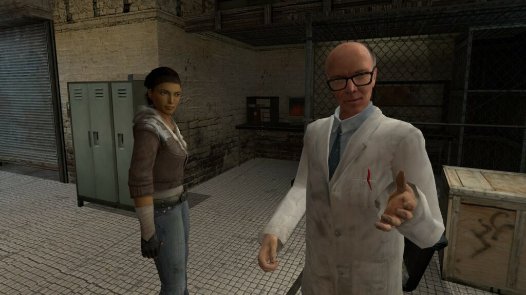 Gordon talking to Alyx and Dr. Kleiner in an early portion of Half-Life 2