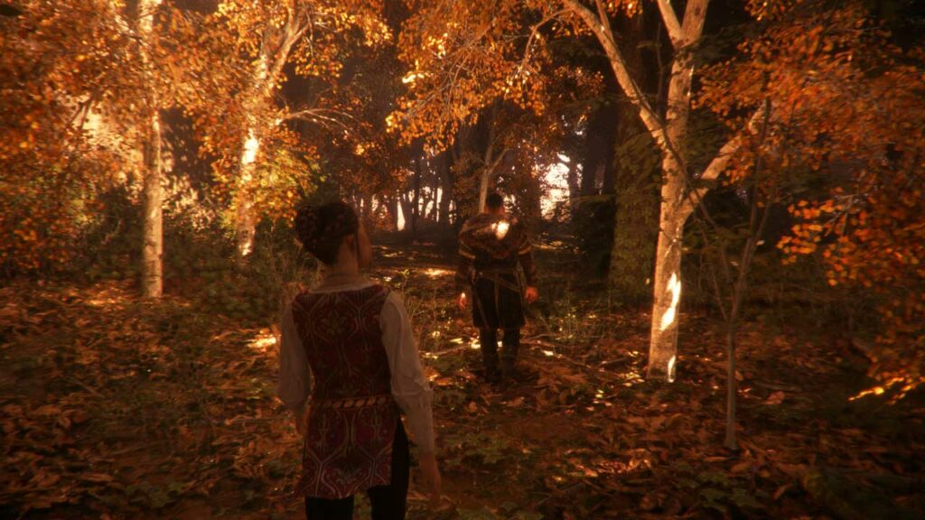 Amica walking and talking to her father in the opening scene of A Plague Tale: Innocence