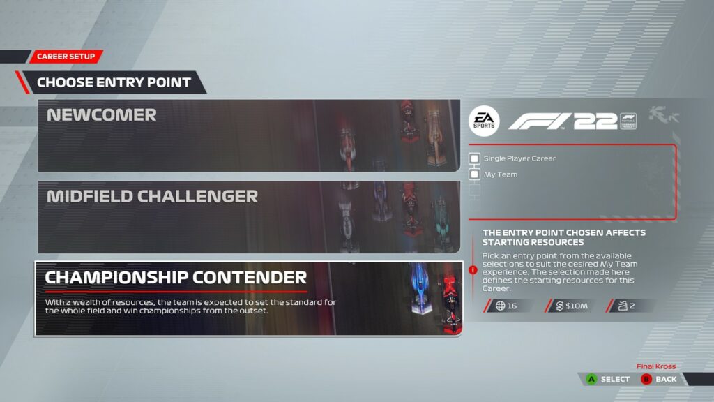 The start-up screen for My Team in F1 2022