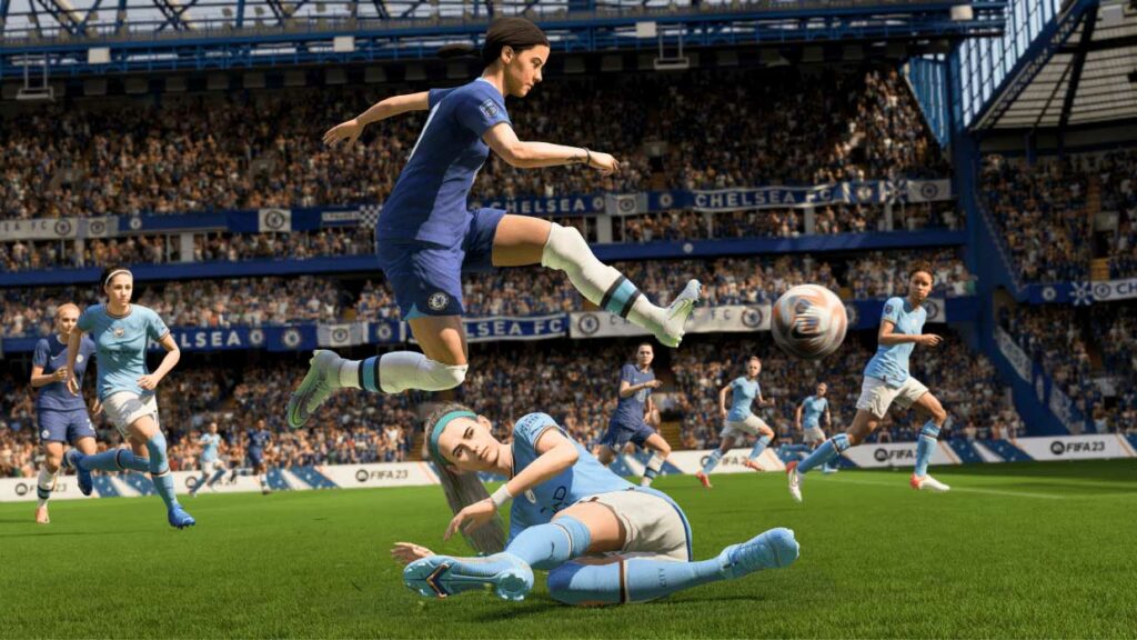 Chelsea's Samantha Kerr leaping over a Man City Defender