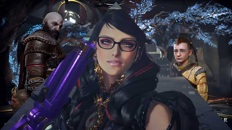 A mix of gameplay footage from God of War Ragnarok and Bayonetta 3