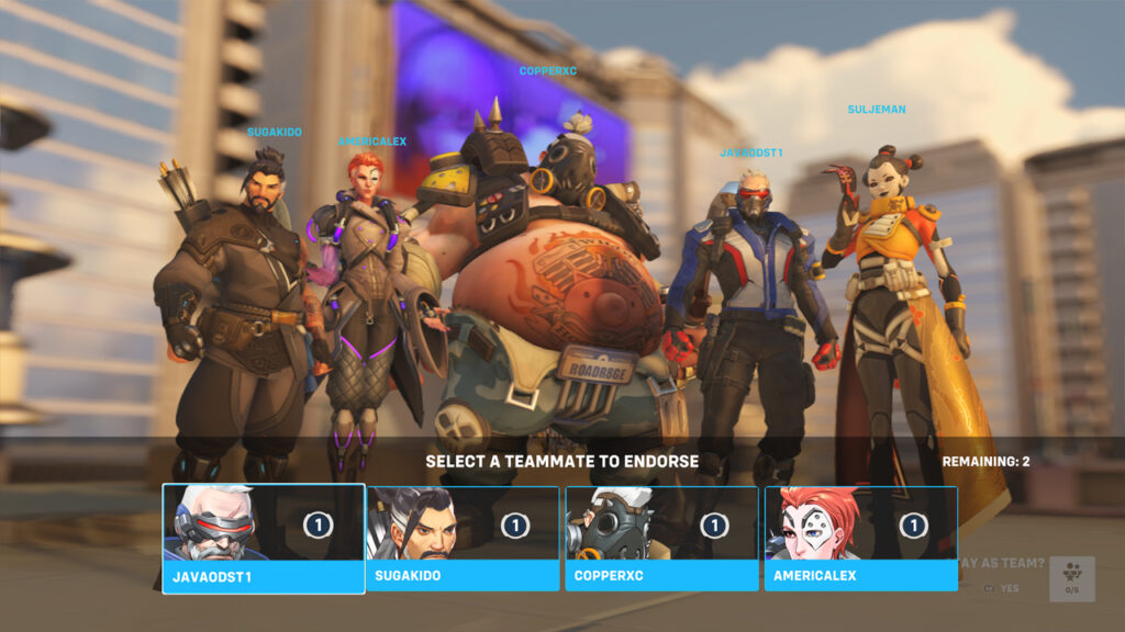 The post match victory screen with the ability to endorse fellow teammates