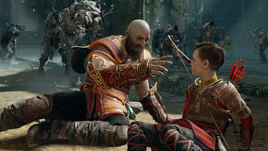 Kratos and Atreus in conversation with enemies closing in on their location
