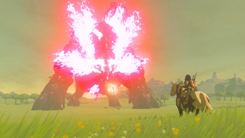 Link on his horse riding towards Ganon from the final fight in Breath of the Wild