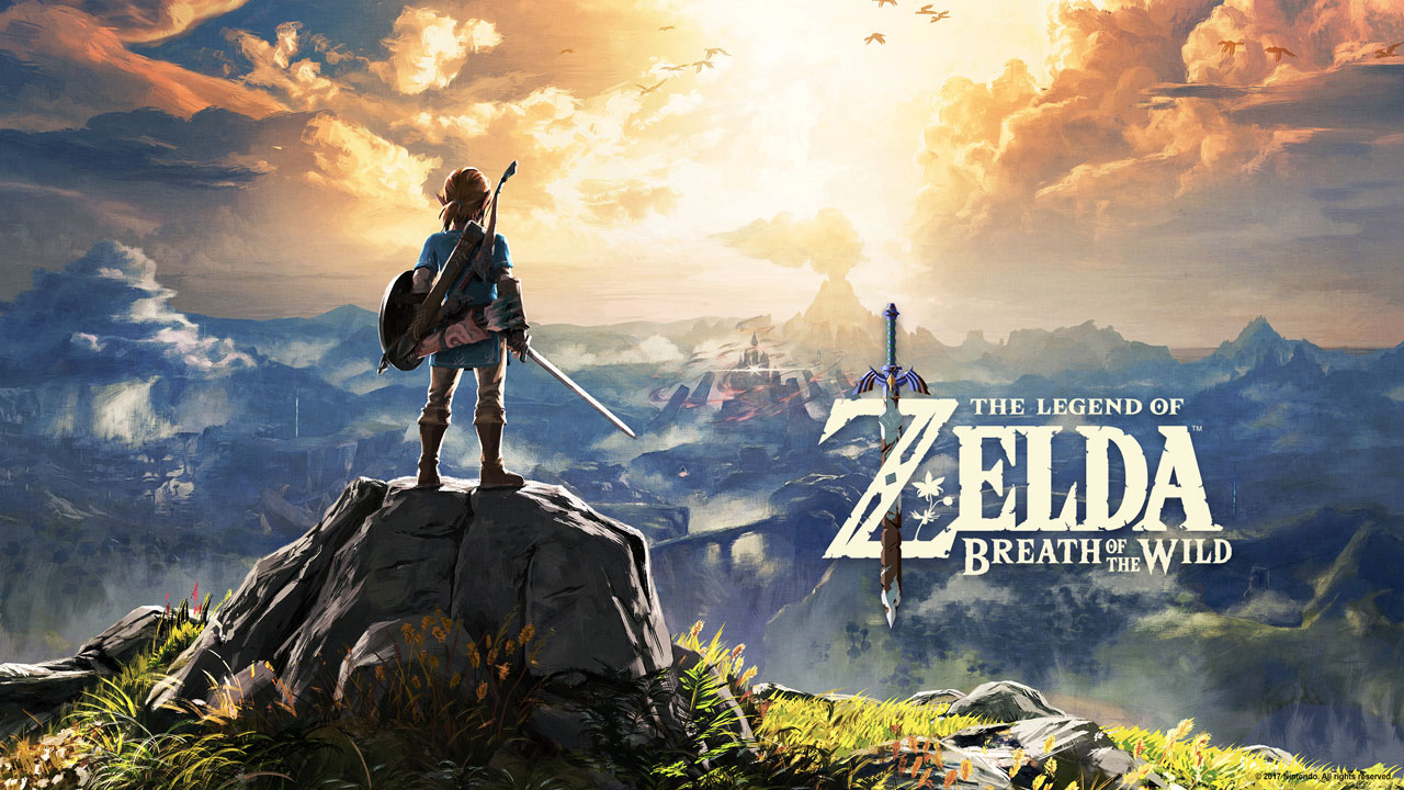 The key art for The Legend of Zelda: Breath of the Wild, featuring Link looking towards the horizon with Hyrule Kingdom in the centre