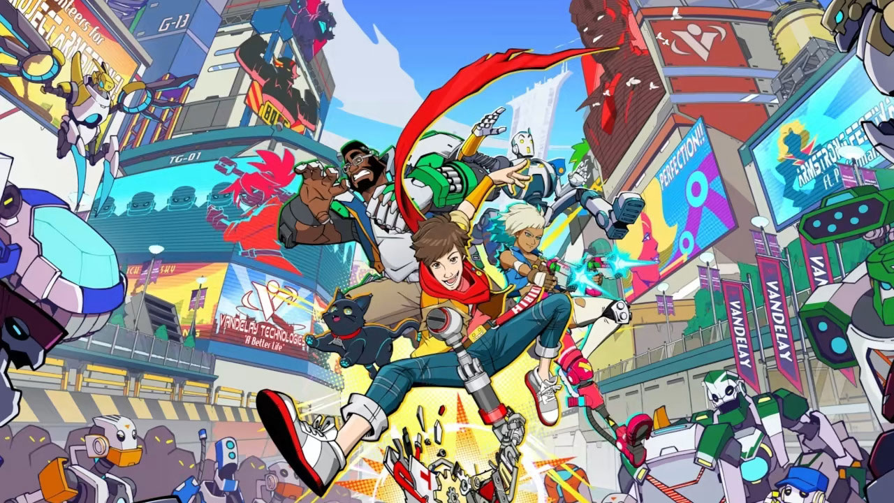 The Hi-Fi Rush keyart featuring the main cast of characters leaping in different action poses