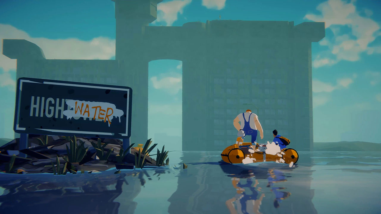 A still image from the game, Highwater, featuring a modified sign with the name of the game written on it