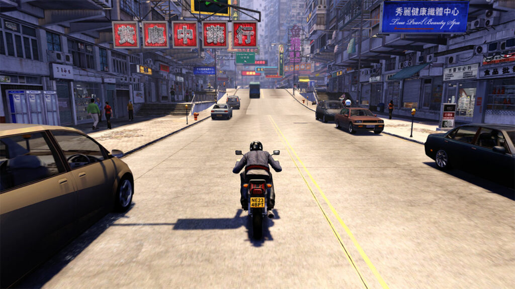 Shen riding a motorcycle, from the 2012 game Sleeping Dogs