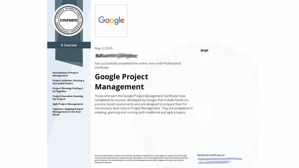 A sample certification from Coursera of the Google Project Management program