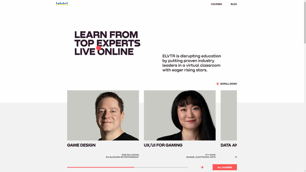 The front page of Elvtr.com, featuring some of their offered courses