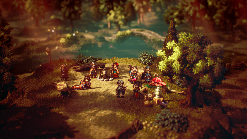 The eight characters from Octopath Traveller II at a campsite