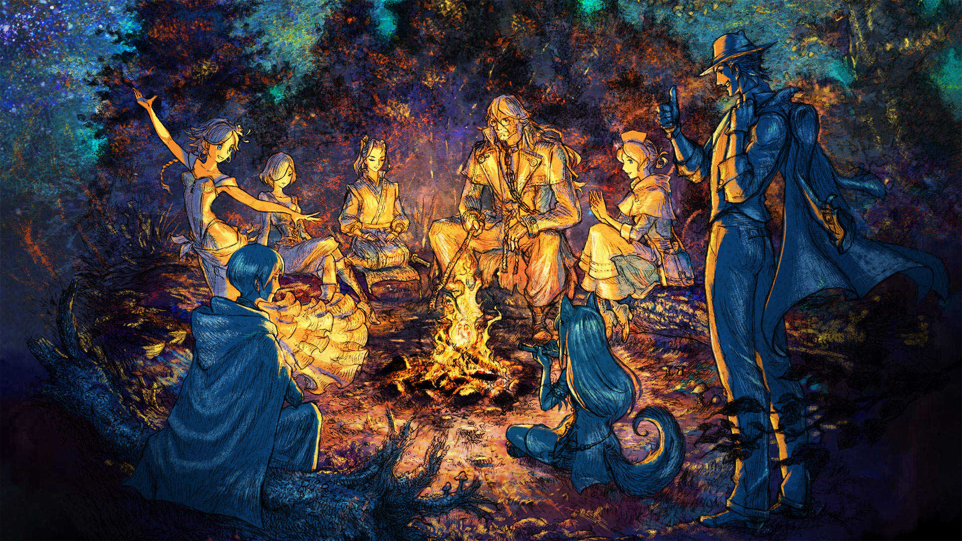 The Octopath Traveller II keyart featuring all eight characters at sitting by a campfire