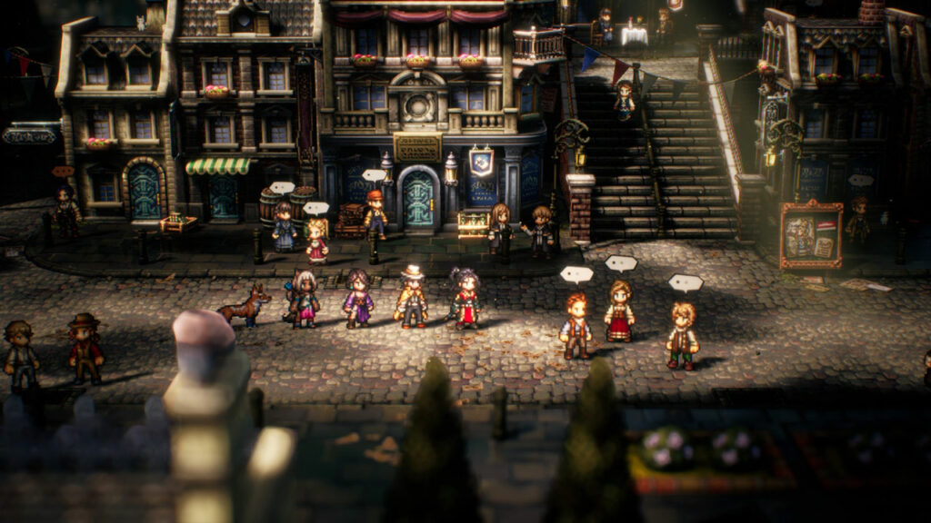 Four characters walking around a town in Octopath Traveller II
