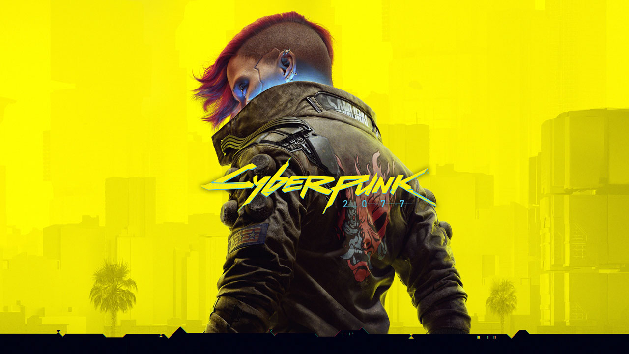 The main keyart for Cyberpunk 2077 featuring a female version of V standing on a yellow background