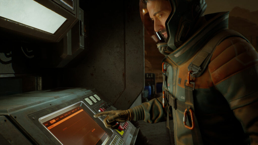 Jack interacting with a console from the opening sequence in Fort Solis.