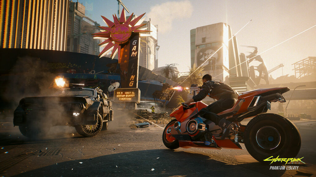 Various vehicles and characters in a location from Cyberpunk 2077 Phantom Liberty