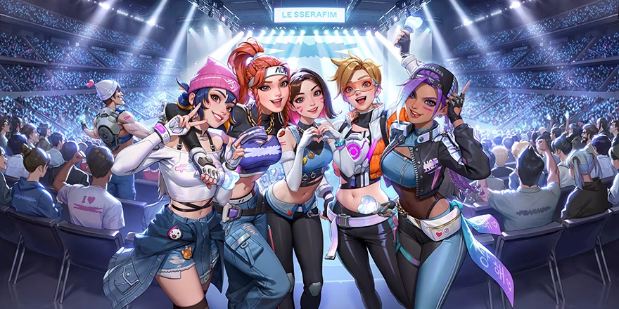 Keyart from the Le Sserafim and Overwatch 2 Collaboration