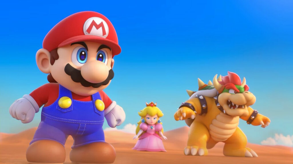 Mario, Peach, and Bowser about to perform a special attack from Super Mario RPG