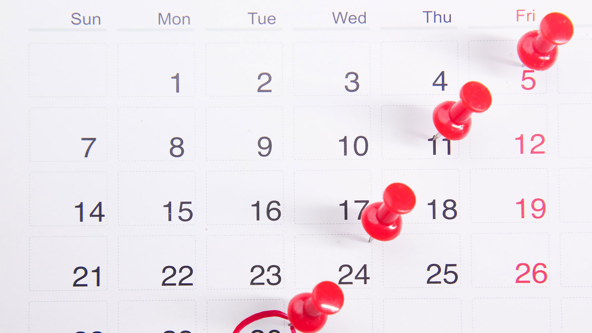 A calendar featuring the days of the week with four thumb tacks highlighting key dates