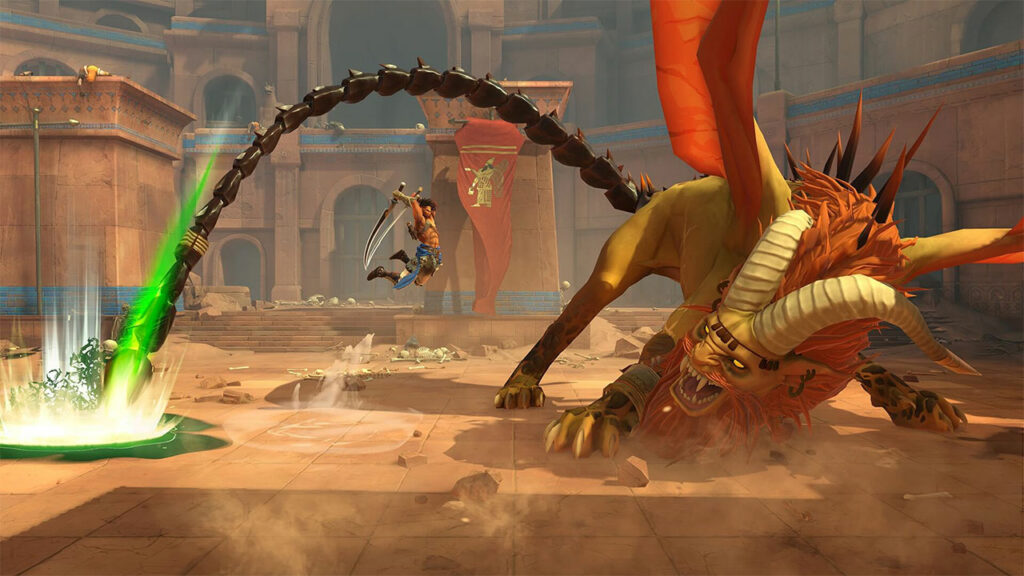 The main character in Prince of Persia: The Lost Crown leaping to attack a boss character.