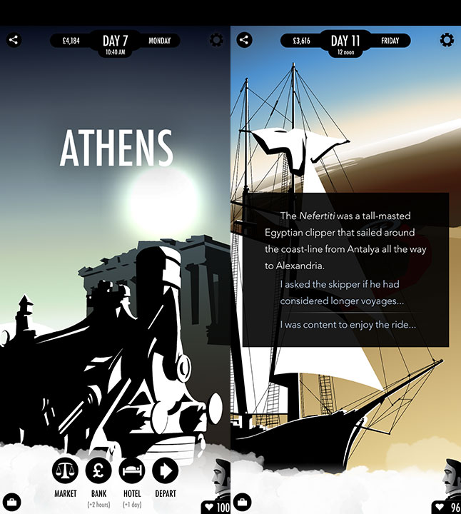 Two screens from the early days of 80 Days, one while visiting Athens, the other on a ship