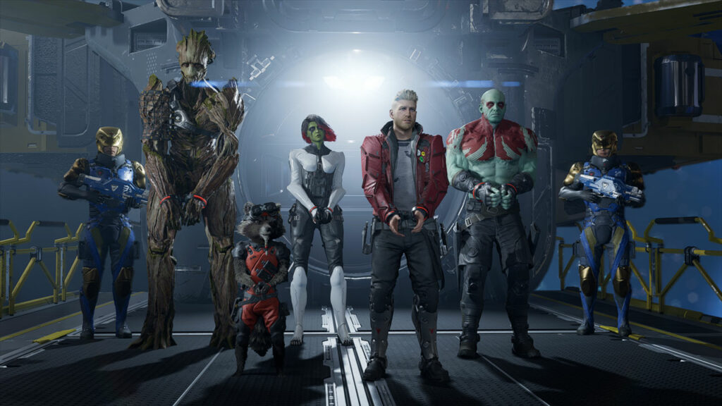 The crew of the Guardians of the Galaxy handcuffed from an early cutscene from their 2021 video game.
