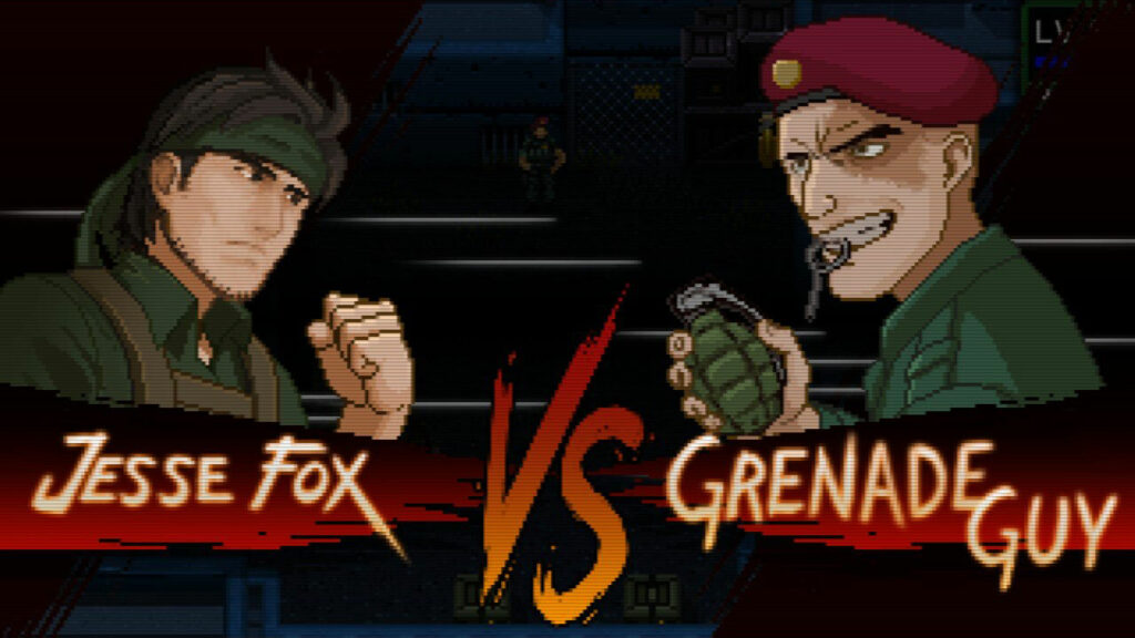 a Versus screen from UnMetal featuring our hero Jesse Fox against the Grenade Guy
