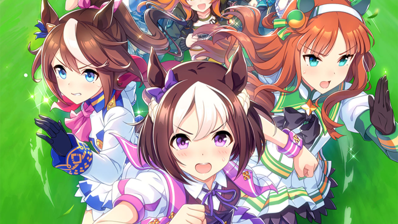 The image from the start-up screen from Umamusume: Pretty Derby showing off some of the girls from the anime and video game.