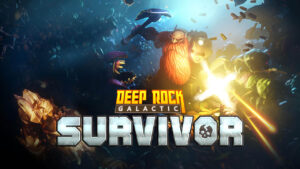 The key art for Deep Rock Galactic Survivor, featuring the Scout in combat action