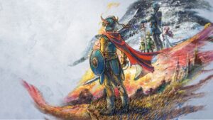 The key art for Dragon Quest I+II HD-2D Remake, featuring your hero from the first game and the cast from the second in the background