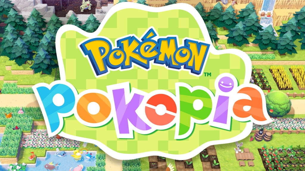 The Pokemon Pokopia title image with a mock-up city in the background