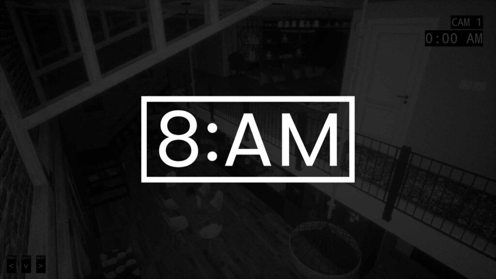 The 8:AM title card on a mostly black background featuring one of the camera views from the security footage