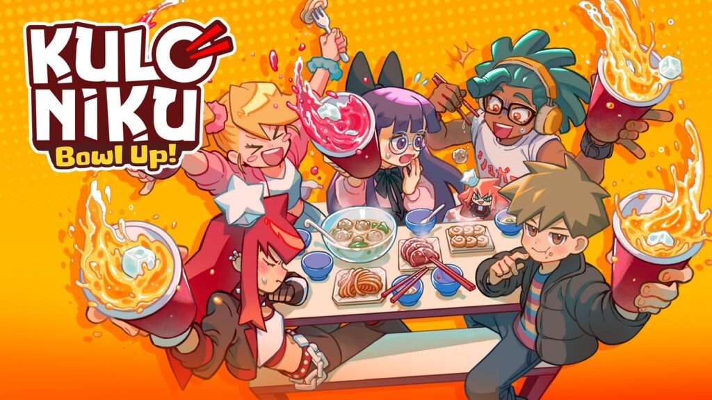 The KuloNiku key art featuring the main NPCs you interact with sitting a table with a lot of different food