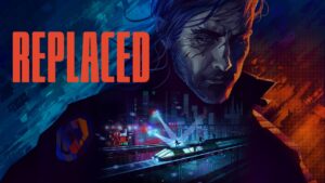 The keyart for Replaced featuring the main character and some action