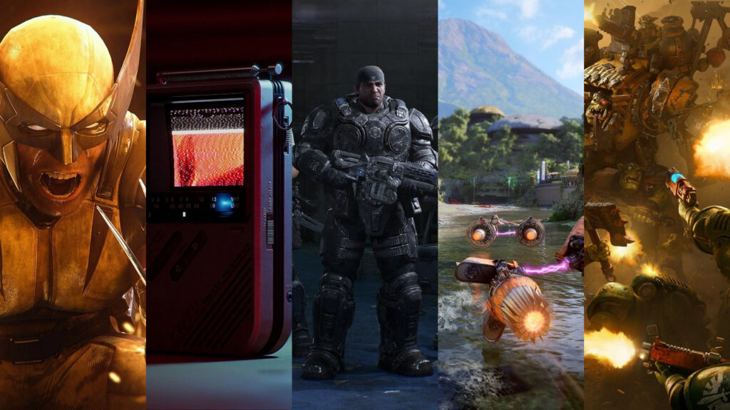 An image featuring the five games I am looking forward to playing: Marvel's Wolverine, Silent Hill Townfall, Star Wars Galactic Racer, Gears of War E-Day, and Dawn of War IV.